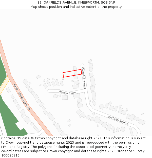 39, OAKFIELDS AVENUE, KNEBWORTH, SG3 6NP: Location map and indicative extent of plot