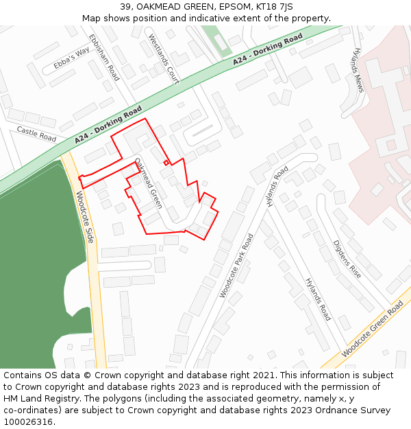 39, OAKMEAD GREEN, EPSOM, KT18 7JS: Location map and indicative extent of plot