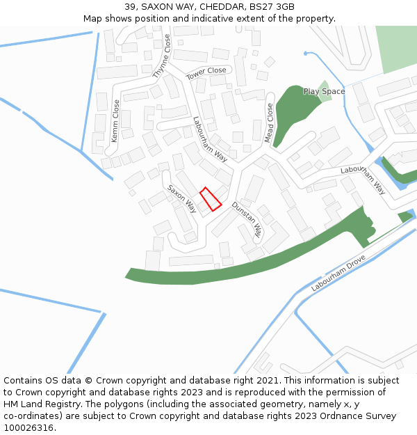 39, SAXON WAY, CHEDDAR, BS27 3GB: Location map and indicative extent of plot