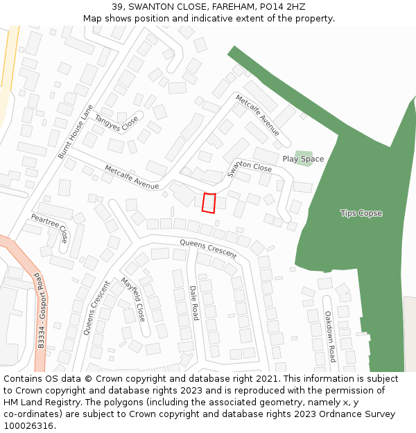 39, SWANTON CLOSE, FAREHAM, PO14 2HZ: Location map and indicative extent of plot