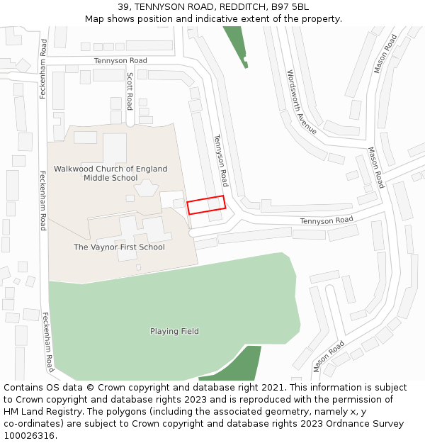 39, TENNYSON ROAD, REDDITCH, B97 5BL: Location map and indicative extent of plot