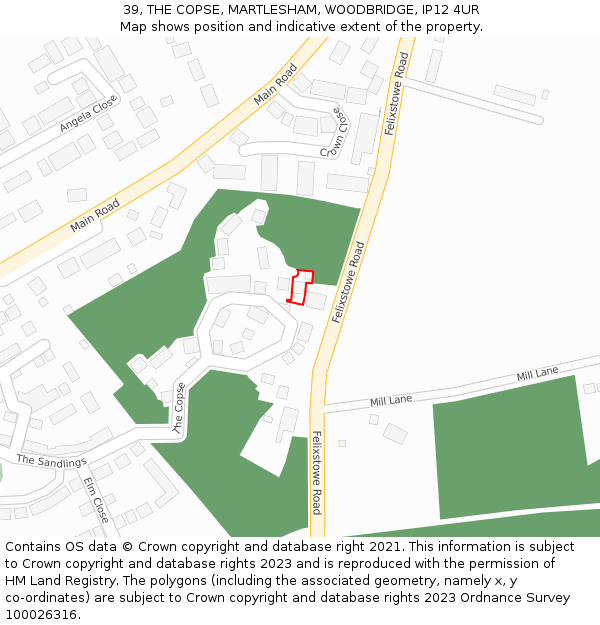 39, THE COPSE, MARTLESHAM, WOODBRIDGE, IP12 4UR: Location map and indicative extent of plot