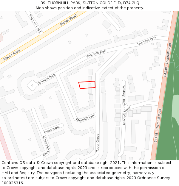 39, THORNHILL PARK, SUTTON COLDFIELD, B74 2LQ: Location map and indicative extent of plot