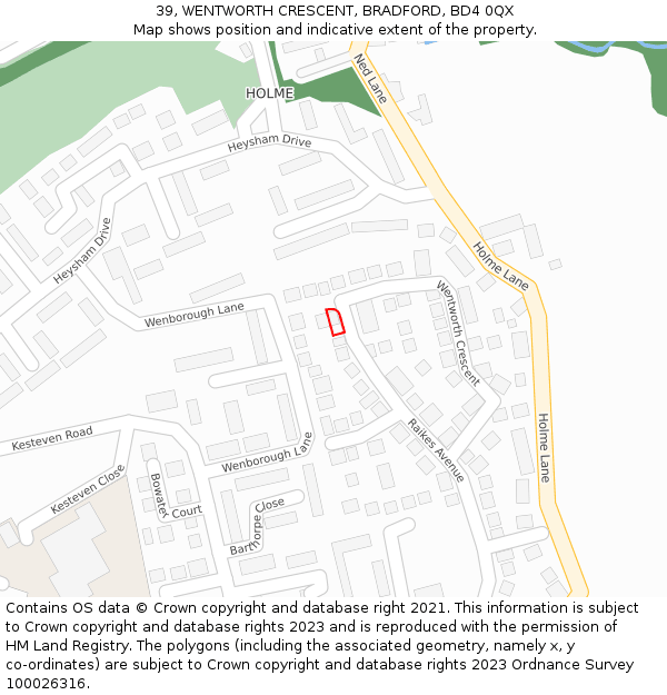 39, WENTWORTH CRESCENT, BRADFORD, BD4 0QX: Location map and indicative extent of plot