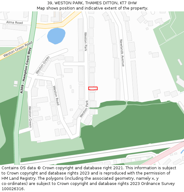 39, WESTON PARK, THAMES DITTON, KT7 0HW: Location map and indicative extent of plot