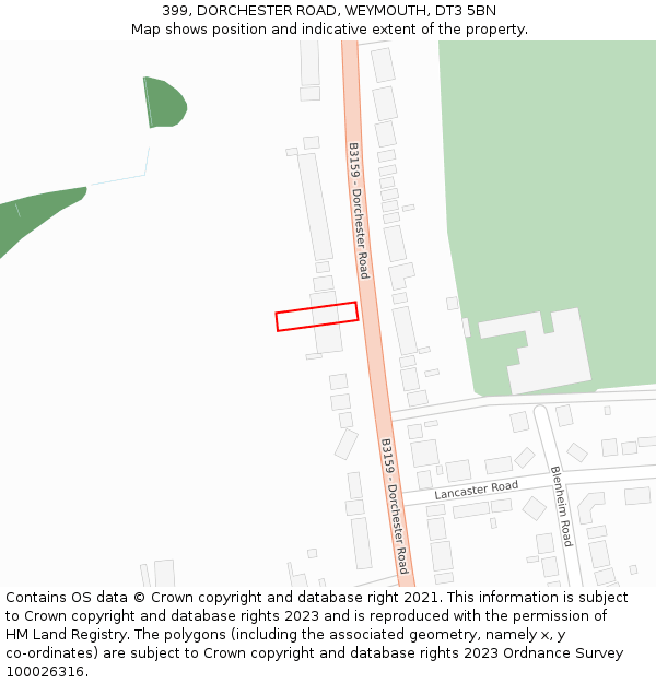 399, DORCHESTER ROAD, WEYMOUTH, DT3 5BN: Location map and indicative extent of plot