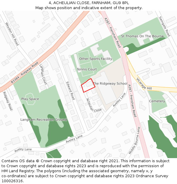 4, ACHEULIAN CLOSE, FARNHAM, GU9 8PL: Location map and indicative extent of plot