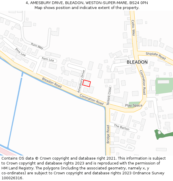 4, AMESBURY DRIVE, BLEADON, WESTON-SUPER-MARE, BS24 0PN: Location map and indicative extent of plot