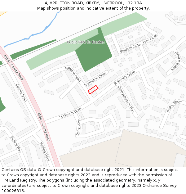 4, APPLETON ROAD, KIRKBY, LIVERPOOL, L32 1BA: Location map and indicative extent of plot