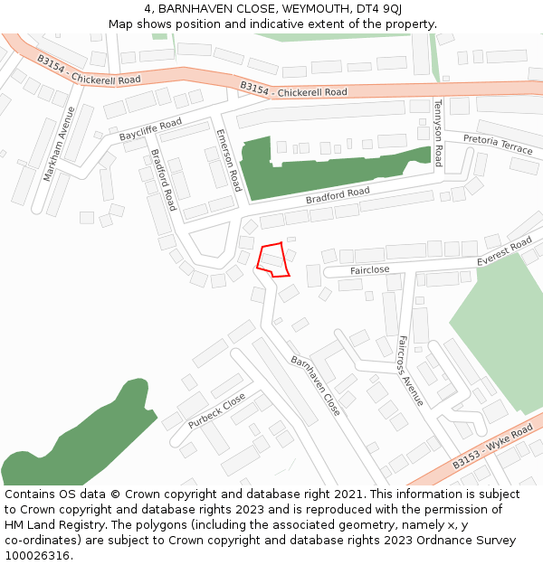 4, BARNHAVEN CLOSE, WEYMOUTH, DT4 9QJ: Location map and indicative extent of plot