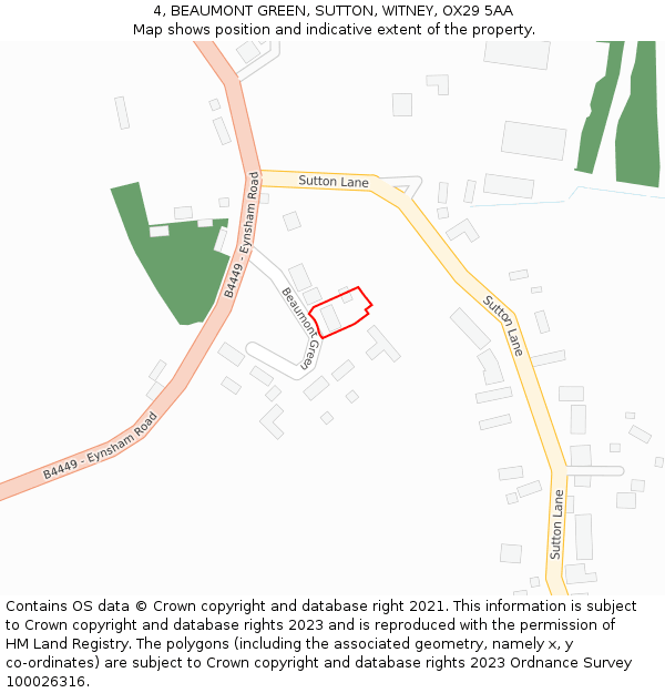 4, BEAUMONT GREEN, SUTTON, WITNEY, OX29 5AA: Location map and indicative extent of plot