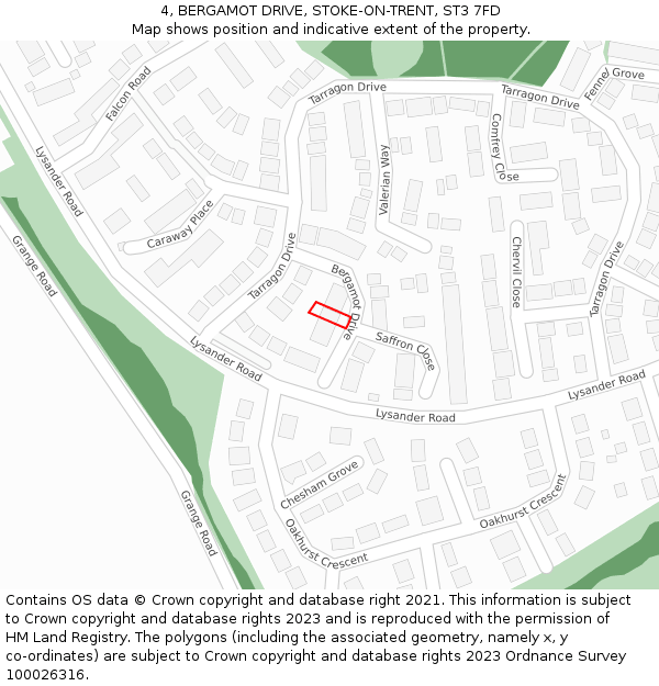 4, BERGAMOT DRIVE, STOKE-ON-TRENT, ST3 7FD: Location map and indicative extent of plot