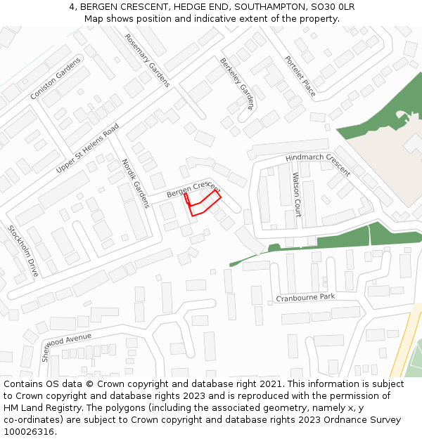 4, BERGEN CRESCENT, HEDGE END, SOUTHAMPTON, SO30 0LR: Location map and indicative extent of plot