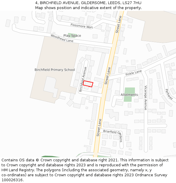 4, BIRCHFIELD AVENUE, GILDERSOME, LEEDS, LS27 7HU: Location map and indicative extent of plot