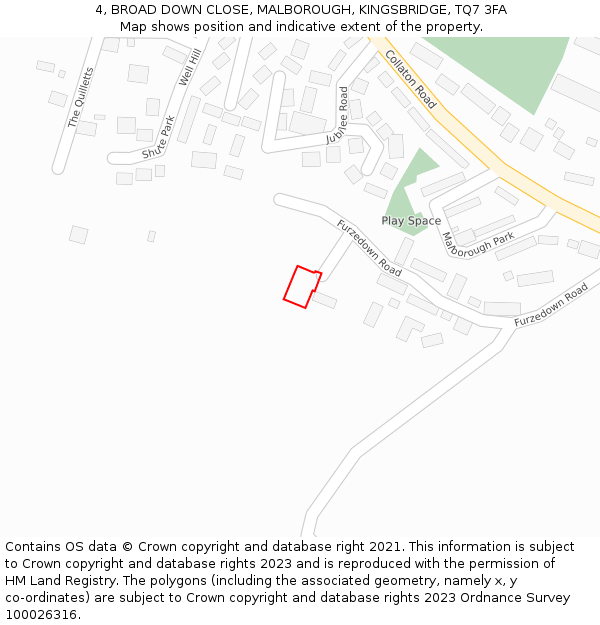 4, BROAD DOWN CLOSE, MALBOROUGH, KINGSBRIDGE, TQ7 3FA: Location map and indicative extent of plot