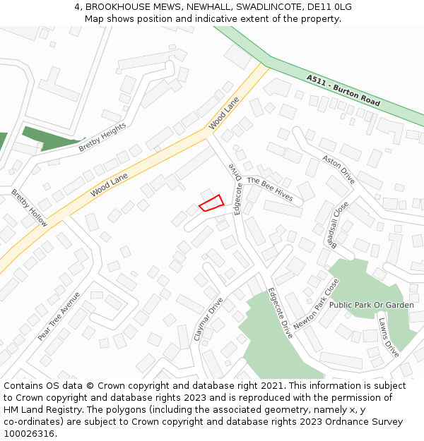 4, BROOKHOUSE MEWS, NEWHALL, SWADLINCOTE, DE11 0LG: Location map and indicative extent of plot