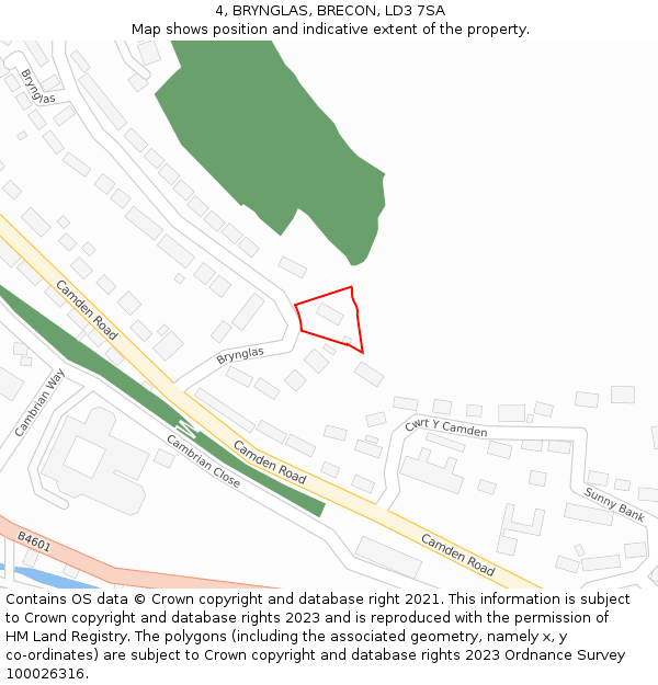 4, BRYNGLAS, BRECON, LD3 7SA: Location map and indicative extent of plot