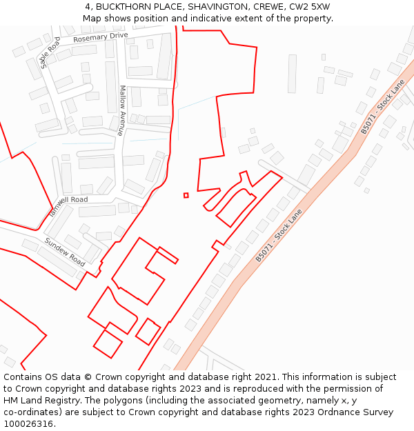 4, BUCKTHORN PLACE, SHAVINGTON, CREWE, CW2 5XW: Location map and indicative extent of plot