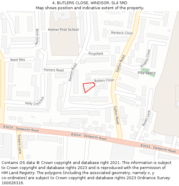 4, BUTLERS CLOSE, WINDSOR, SL4 5RD: Location map and indicative extent of plot