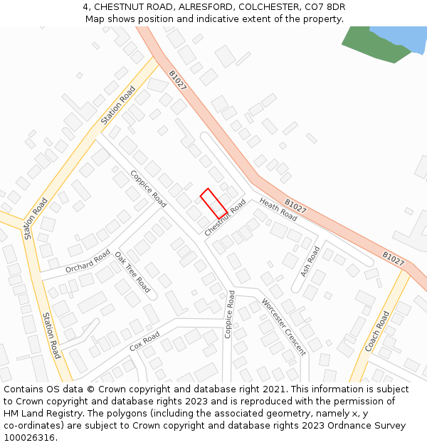 4, CHESTNUT ROAD, ALRESFORD, COLCHESTER, CO7 8DR: Location map and indicative extent of plot