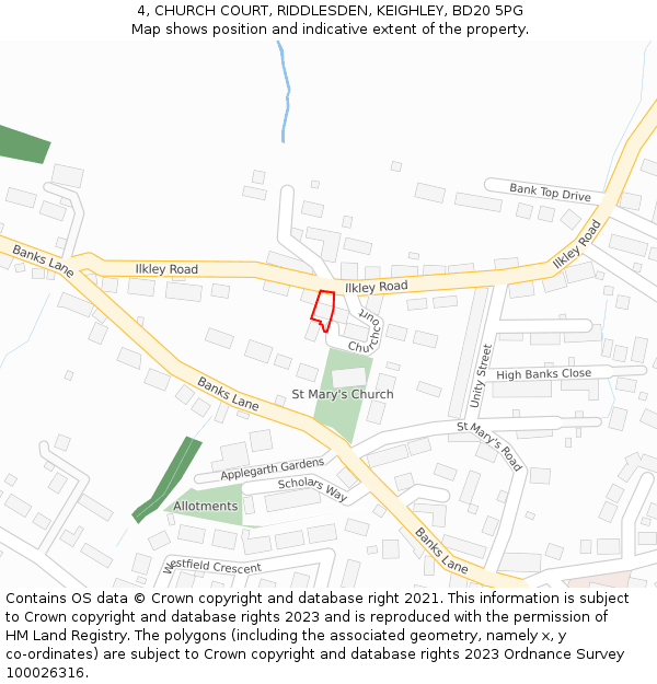 4, CHURCH COURT, RIDDLESDEN, KEIGHLEY, BD20 5PG: Location map and indicative extent of plot