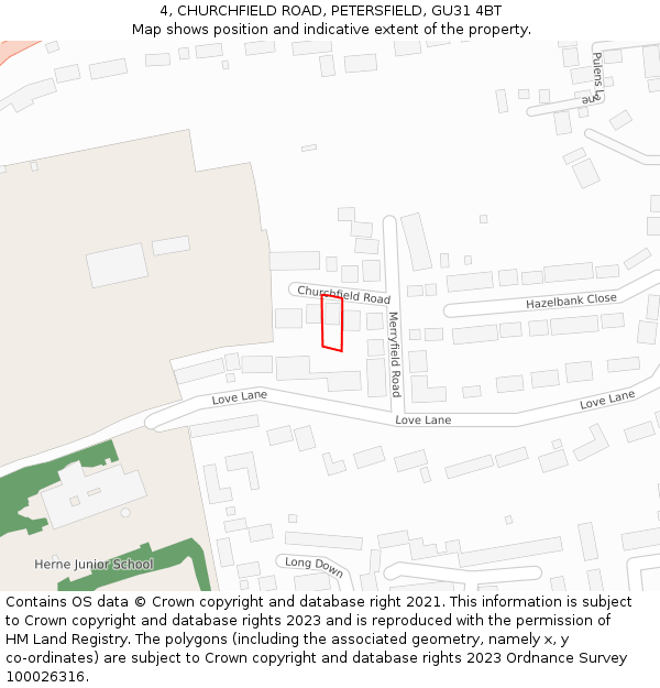 4, CHURCHFIELD ROAD, PETERSFIELD, GU31 4BT: Location map and indicative extent of plot