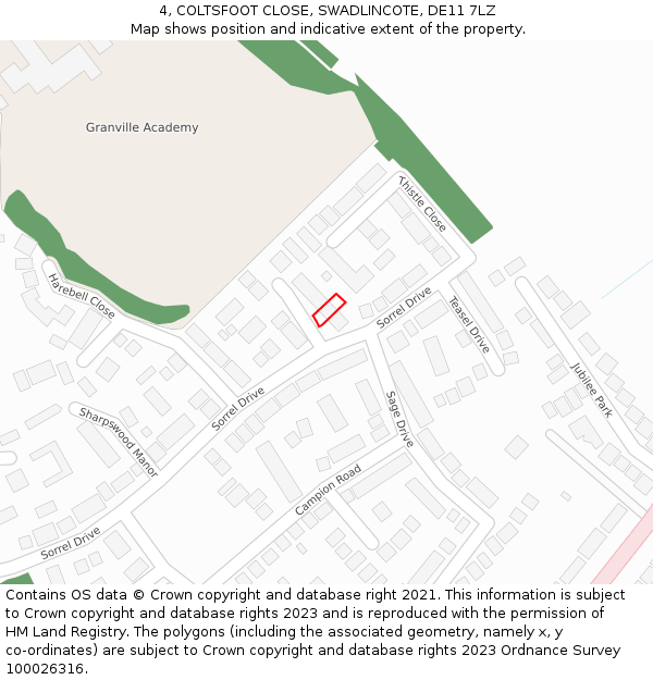 4, COLTSFOOT CLOSE, SWADLINCOTE, DE11 7LZ: Location map and indicative extent of plot