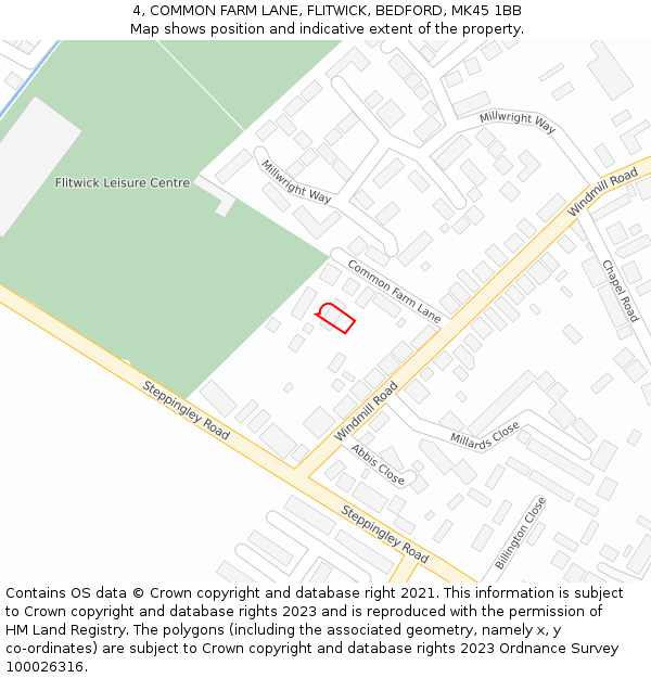 4, COMMON FARM LANE, FLITWICK, BEDFORD, MK45 1BB: Location map and indicative extent of plot