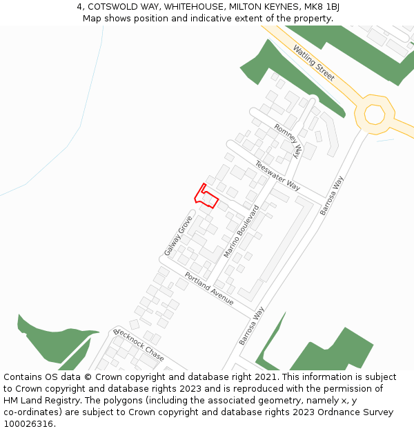 4, COTSWOLD WAY, WHITEHOUSE, MILTON KEYNES, MK8 1BJ: Location map and indicative extent of plot