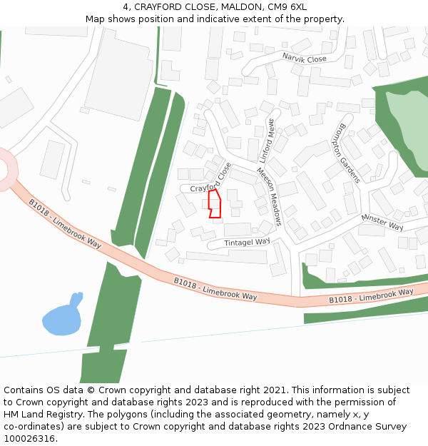 4, CRAYFORD CLOSE, MALDON, CM9 6XL: Location map and indicative extent of plot