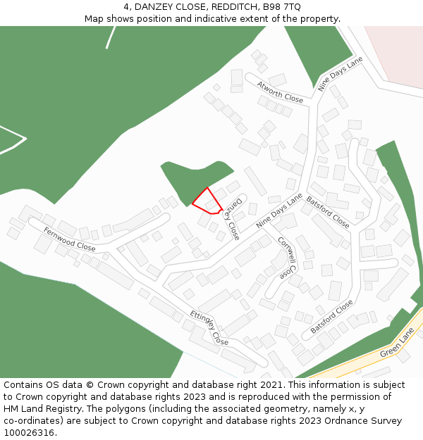 4, DANZEY CLOSE, REDDITCH, B98 7TQ: Location map and indicative extent of plot