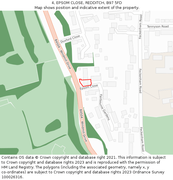 4, EPSOM CLOSE, REDDITCH, B97 5FD: Location map and indicative extent of plot