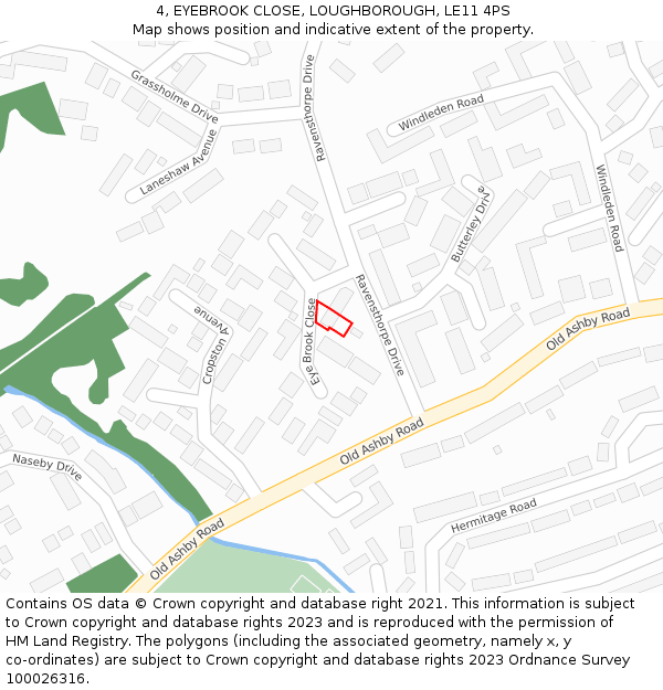 4, EYEBROOK CLOSE, LOUGHBOROUGH, LE11 4PS: Location map and indicative extent of plot