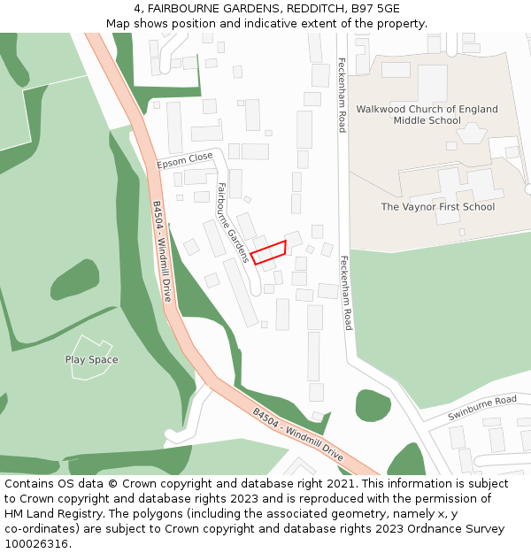 4, FAIRBOURNE GARDENS, REDDITCH, B97 5GE: Location map and indicative extent of plot