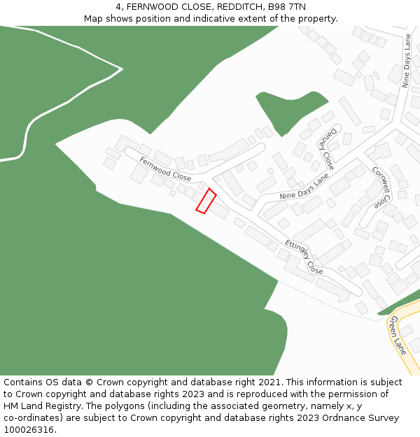 4, FERNWOOD CLOSE, REDDITCH, B98 7TN: Location map and indicative extent of plot