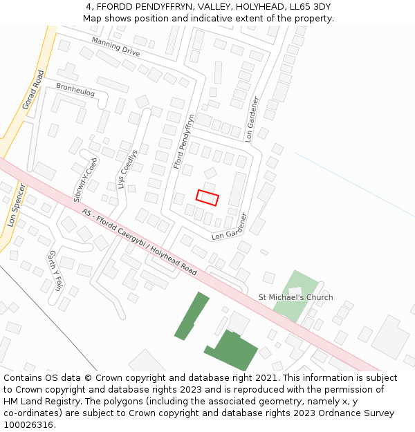 4, FFORDD PENDYFFRYN, VALLEY, HOLYHEAD, LL65 3DY: Location map and indicative extent of plot