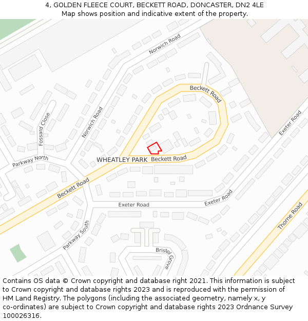 4, GOLDEN FLEECE COURT, BECKETT ROAD, DONCASTER, DN2 4LE: Location map and indicative extent of plot