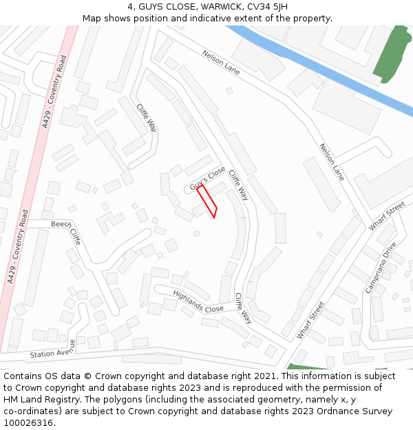 4, GUYS CLOSE, WARWICK, CV34 5JH: Location map and indicative extent of plot