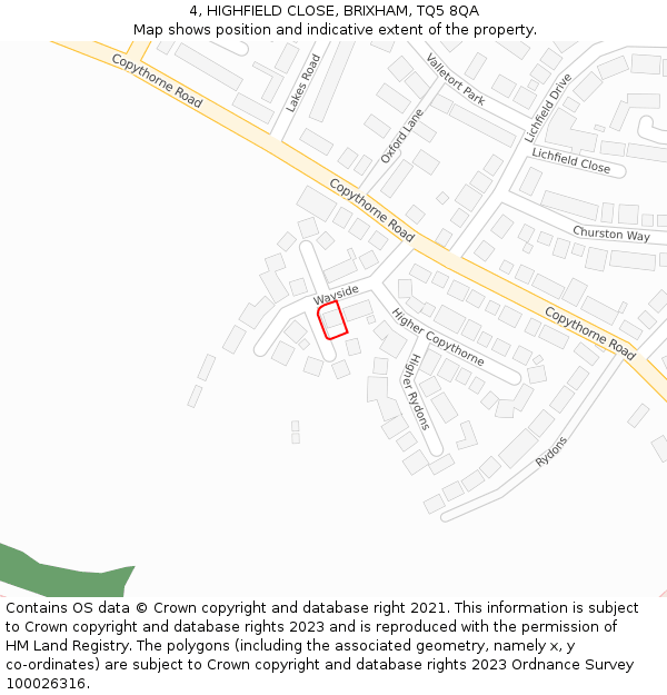 4, HIGHFIELD CLOSE, BRIXHAM, TQ5 8QA: Location map and indicative extent of plot
