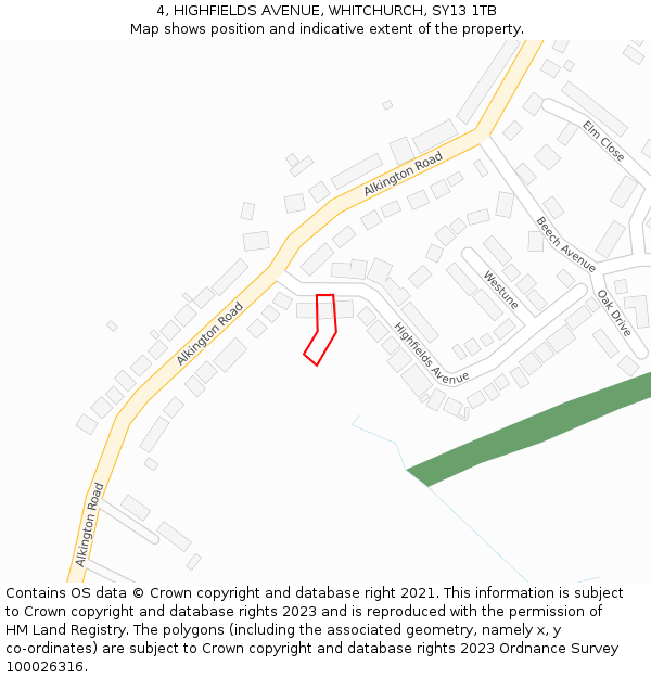 4, HIGHFIELDS AVENUE, WHITCHURCH, SY13 1TB: Location map and indicative extent of plot