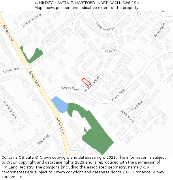 4, HILDITCH AVENUE, HARTFORD, NORTHWICH, CW8 1SN: Location map and indicative extent of plot