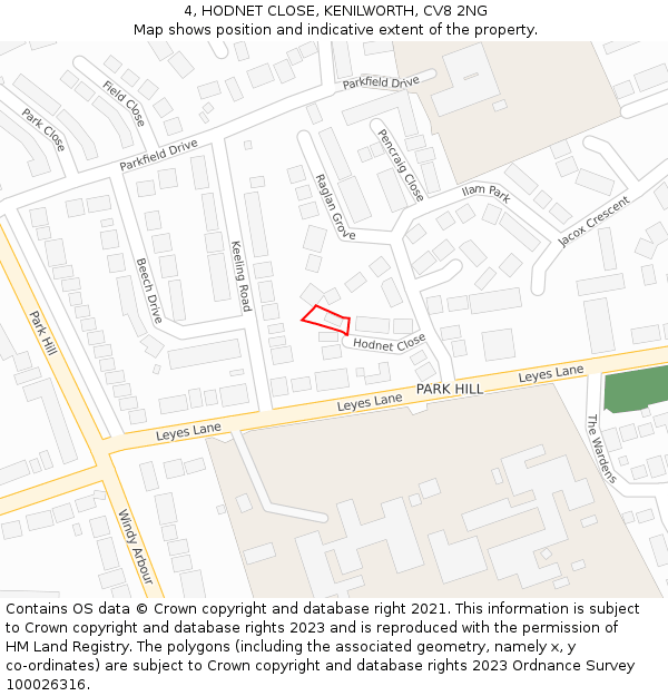 4, HODNET CLOSE, KENILWORTH, CV8 2NG: Location map and indicative extent of plot