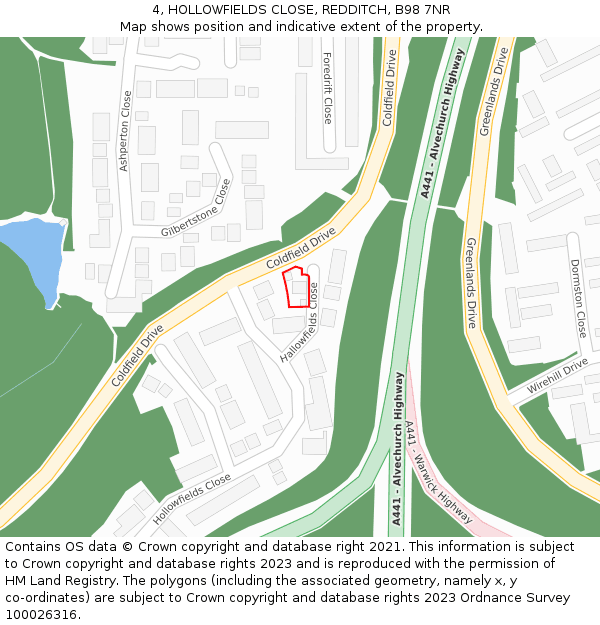 4, HOLLOWFIELDS CLOSE, REDDITCH, B98 7NR: Location map and indicative extent of plot