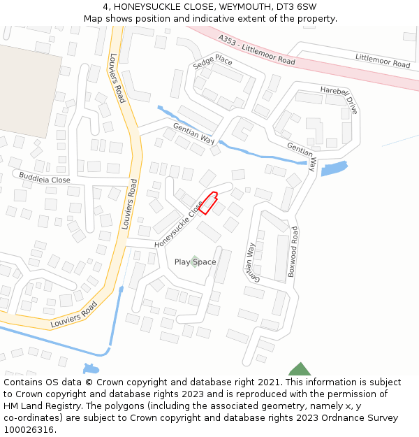 4, HONEYSUCKLE CLOSE, WEYMOUTH, DT3 6SW: Location map and indicative extent of plot