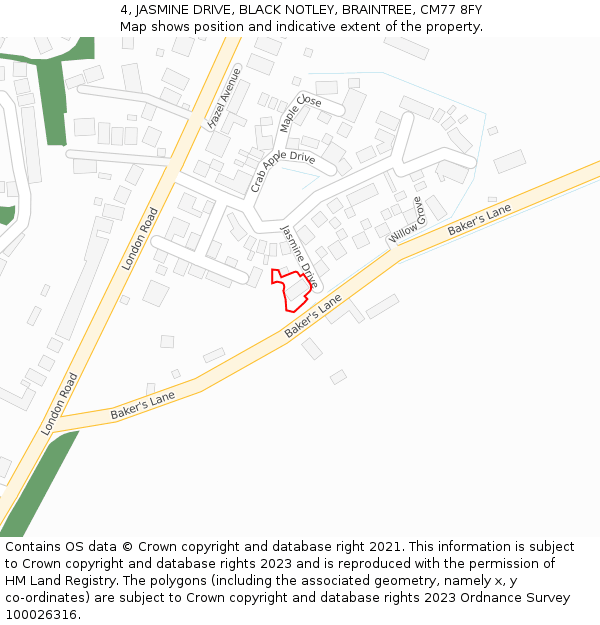 4, JASMINE DRIVE, BLACK NOTLEY, BRAINTREE, CM77 8FY: Location map and indicative extent of plot