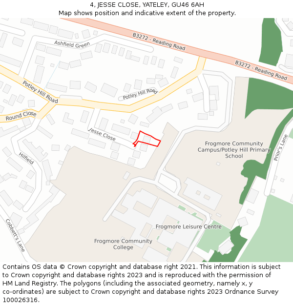 4, JESSE CLOSE, YATELEY, GU46 6AH: Location map and indicative extent of plot