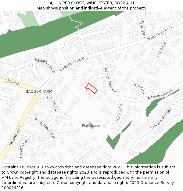 4, JUNIPER CLOSE, WINCHESTER, SO22 4LU: Location map and indicative extent of plot