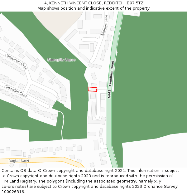 4, KENNETH VINCENT CLOSE, REDDITCH, B97 5TZ: Location map and indicative extent of plot