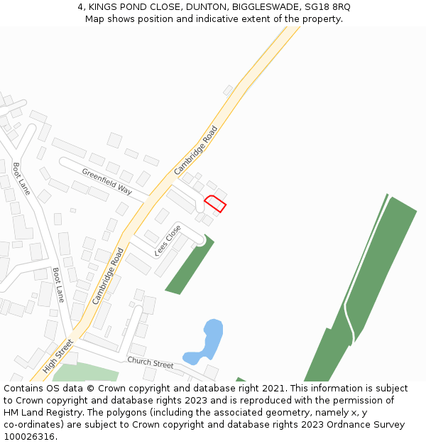 4, KINGS POND CLOSE, DUNTON, BIGGLESWADE, SG18 8RQ: Location map and indicative extent of plot