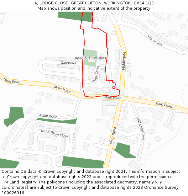4, LODGE CLOSE, GREAT CLIFTON, WORKINGTON, CA14 1QD: Location map and indicative extent of plot
